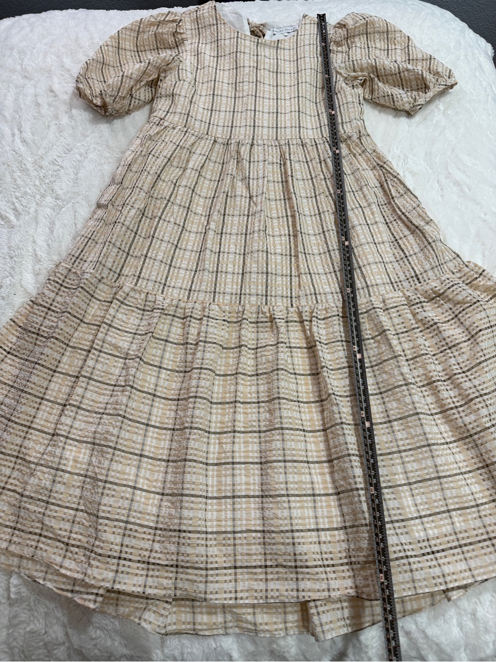 English Factory Plaid Puff Sleeve Tiered Midi Dress Small Neutral Cottagecore - Picture 4 of 7